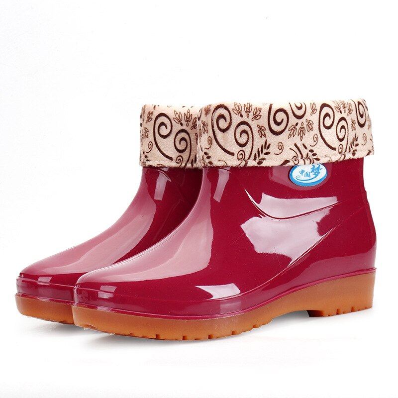 Bottes de pluie à talons bas pour femmes, chaussures de loisirs à bout rond, étanches, Tube central, 698: Rouge / 6