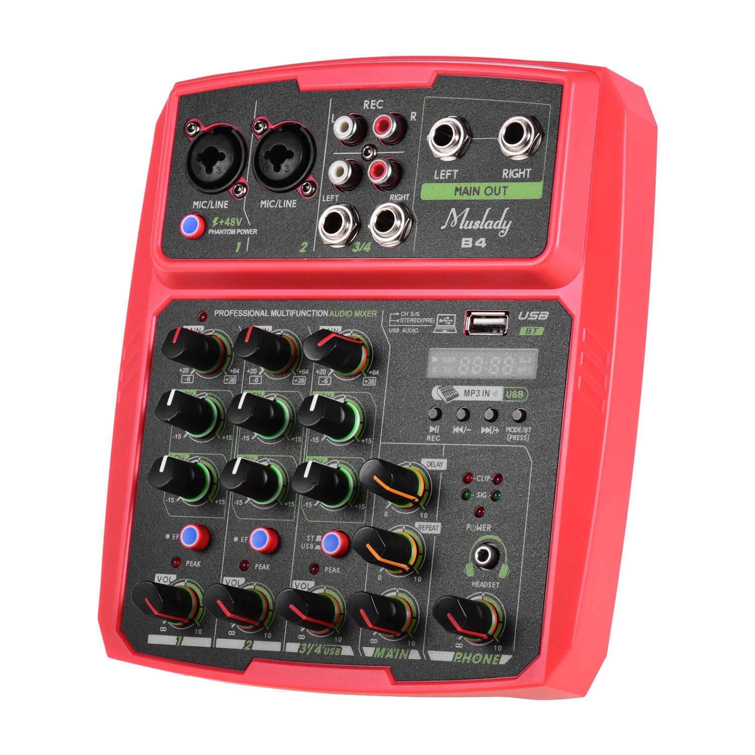 Muslady B4 Portable 4 Channels Audio Mixer USB Mixing Console Supports BT Connection with Sound Card Built-in 48V Phantom Power