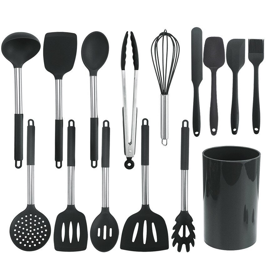 15Pcs Cooking Utensils Set Stainless Steel Silicone Kitchen Utensil Set Non-stick Spatula with Storage Box Cooking Tools: black