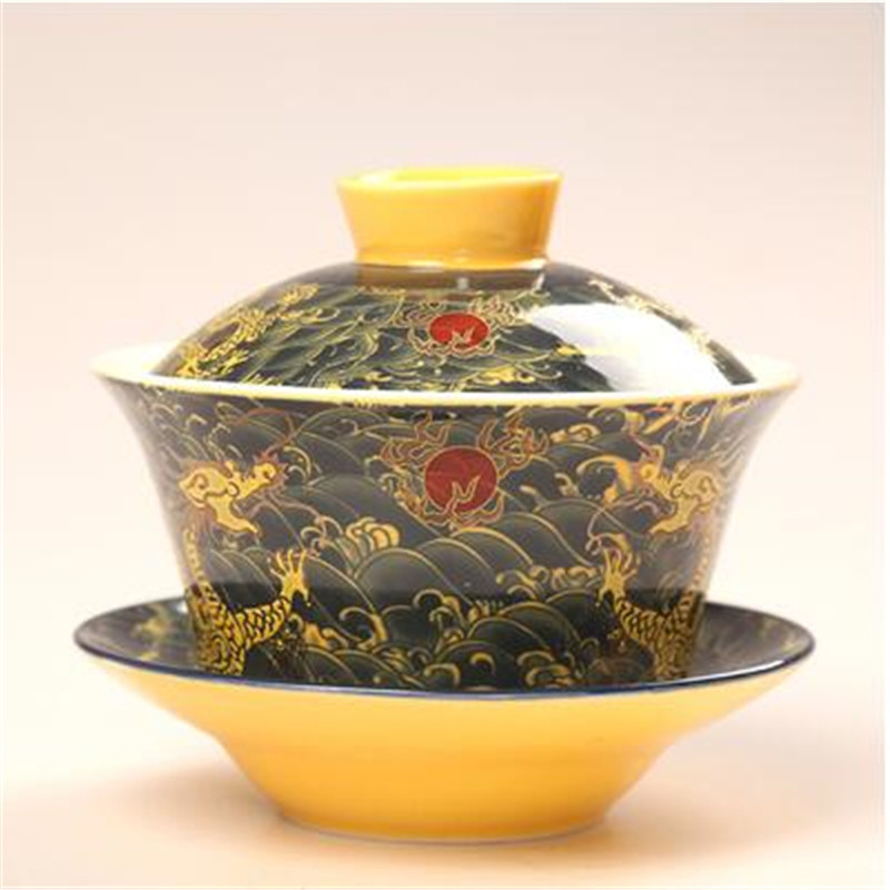 Retro Dragon Tea Maker Chinese Gaiwan Tea Cup 200ml Tureen Jingdezhen White and Blue Porcelain Teaware Cups and Saucer Sets: Yellow Wave