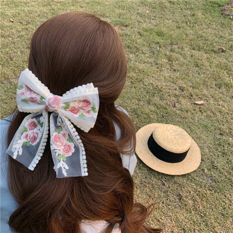 AOMU retro Geometrische Rosa Rose Spitze Band Haarnadel Koreanisch Blume Stickerei Übergroßen Bogen Frühling Clip für Frauen Braut Hochzeit