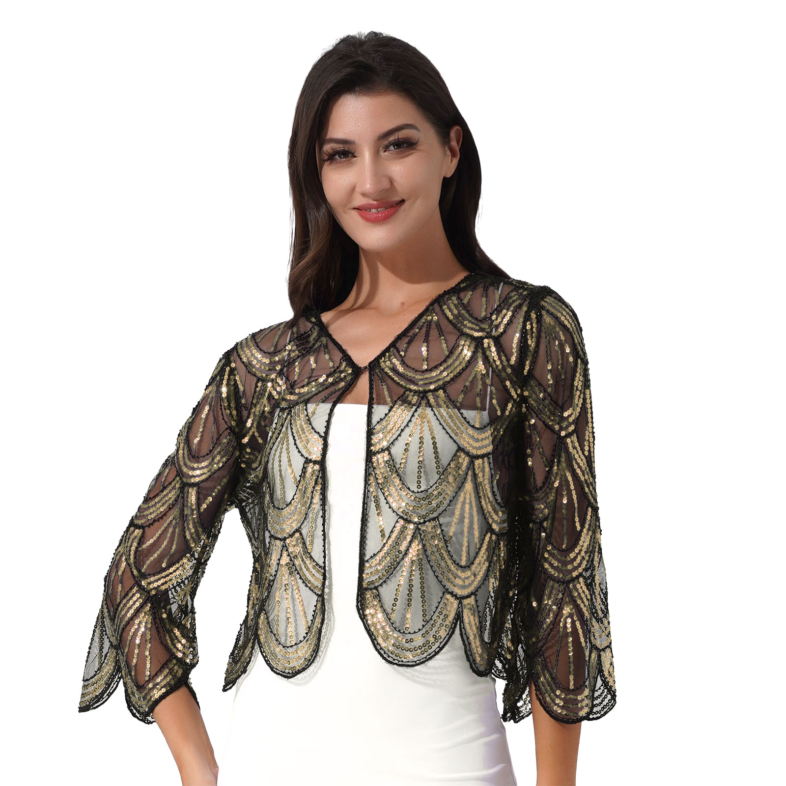 Bolero de lentejuelas para mujer, chal de manga larga, encogimiento de hombros, cárdigan, Tops, envoltura nupcial de boda, vestido sin mangas, cubierta de protección solar: Castaño