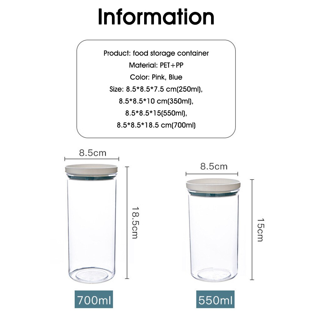 250/350/550/700ml Food Storage Container Kitchen Pantry Organizer with Airtight Lid Stackable Canister for Flour Sugar Cereal