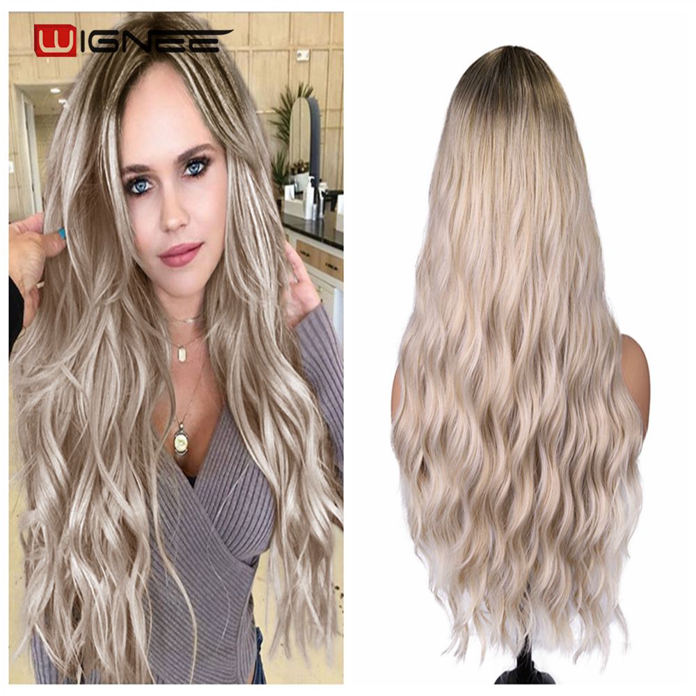 Wignee longo ondulado fibra azul perucas sintéticas parte média resistente ao calor para cabelo natural feminino diário/festa/cosplay party perucas: Ombre Ash Blonde