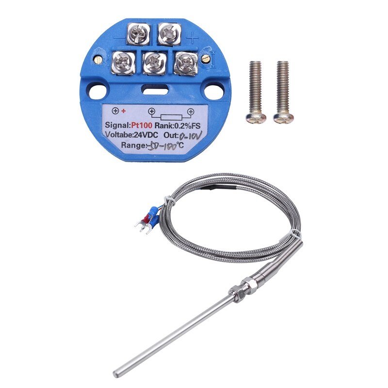 1Pcs RTD PT100 Temperature Transmitter DC24V Minus 50 - 100 Degree Output 0-10V & 1Pcs Steel Temperature Probe Pt100 RTD Sensor