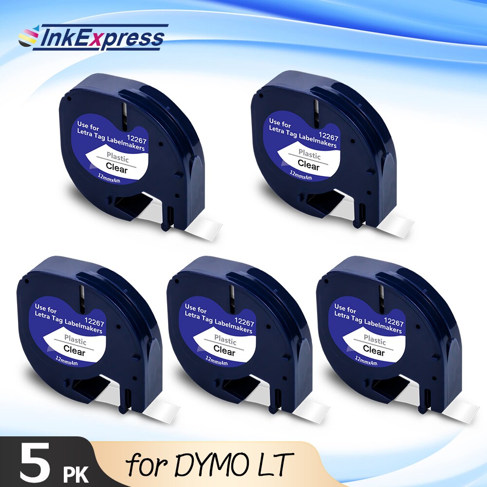 InkExpress 12mm Label for Dymo LetraTag 12267 16951 16952 Label Tape Black on Clear 5PK for Dymo LetraTag Label Maker LT-100H