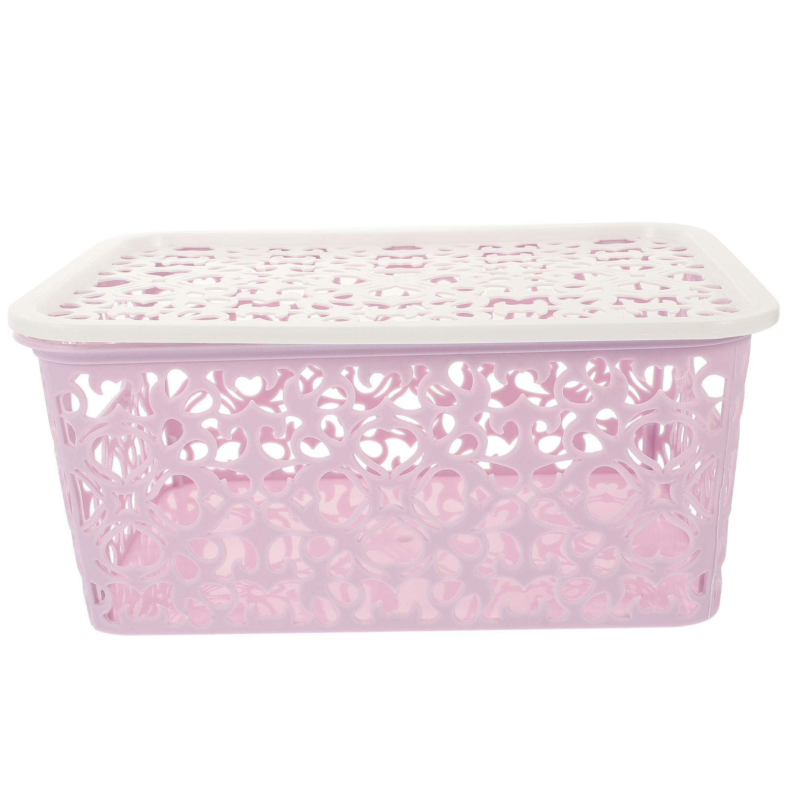 Caja de almacenamiento de plástico, contenedor de almacenamiento apilable, cesta de almacenamiento delicada hueca con tapa para ropa, juguete, suministros para el hogar: Morado