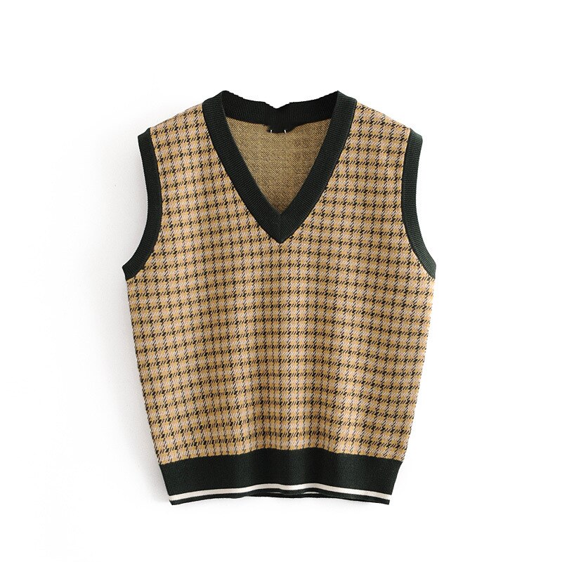 Vintage v-ringad väst stickad tröja slimmad rutig streetwear tröja dam tröja ledig lös oversize chica toppar: M