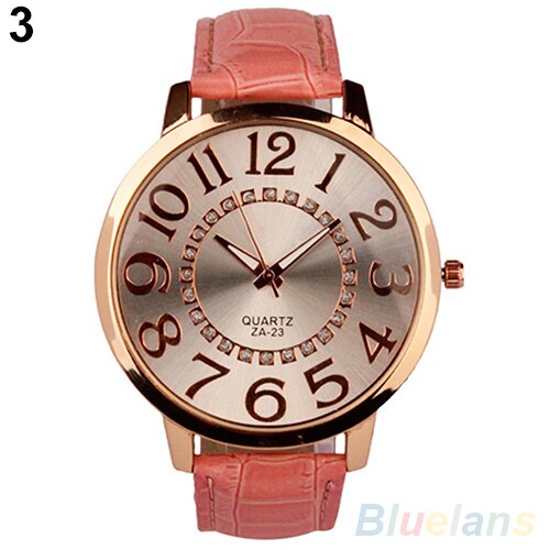 Mężczyźni kobiety duże cyfry arabskie kryształ górski Faux Skórzany kwarc analogowy zegarek na rękę sukienka damska zegarki prezent luksus: Różowy