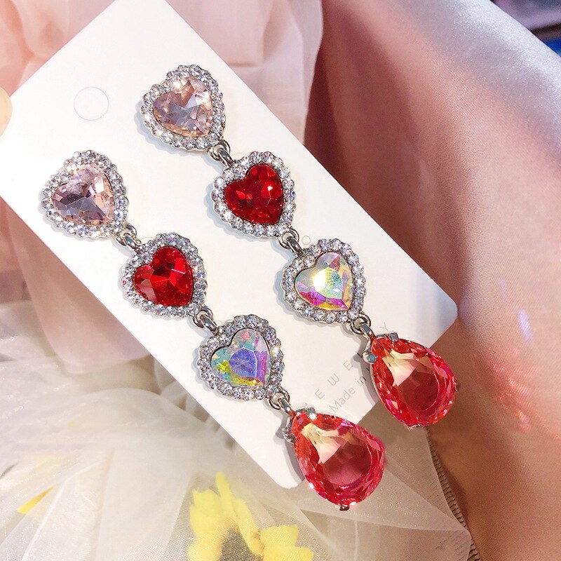 MENGJIQIAO Coreano Caldo di Vendita di Lusso Rosso Cuore di Cristallo Lunga Pendientes Mujer Moda Elegante Variopinto Orecchini A Pendaglio Del Partito Dei Monili