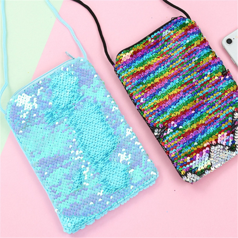 Children's Mermaid Sequins Coin Purses One-Shoulder Crossbody Wallet Girls Lanyard Sequin Small Square Bags Handbags