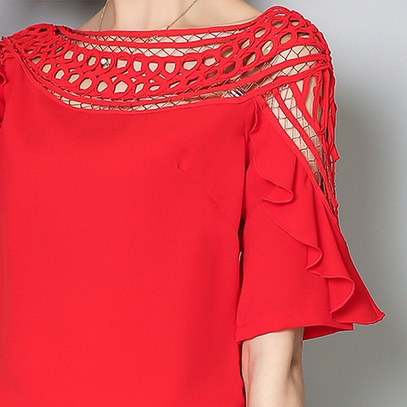 Blusas de gasa con volantes para Mujer, Tops de encaje calado, talla grande, verano,