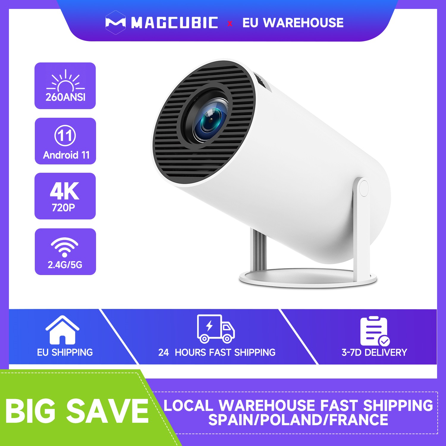 Transspeed Android 11 Wifi6 260ANSI Projektor AllwinnerH713 1280*720P 4K180 ° flexibler BT5.0 Home Cinema Outdoor tragbarer Projektor