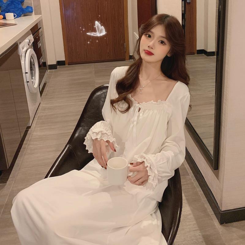 Kobiety robić połowy łydki koszule nocne jednolity kolor, w kwadraty, z kołnierzem z długim rękawem sznurkiem falbany luźna w stylu retro nowa elegancka francuska zwykły Ulzzang Sznurówka: XL