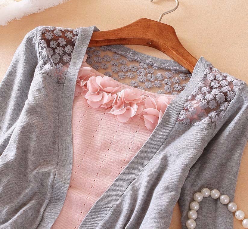 Vrouwen Lady Hollow Kant Gebreide Sweet Candy Kleur Crochet Knit Blouse Top Coat Trui Vest Lange Mouwen Slanke Dunne Out jas