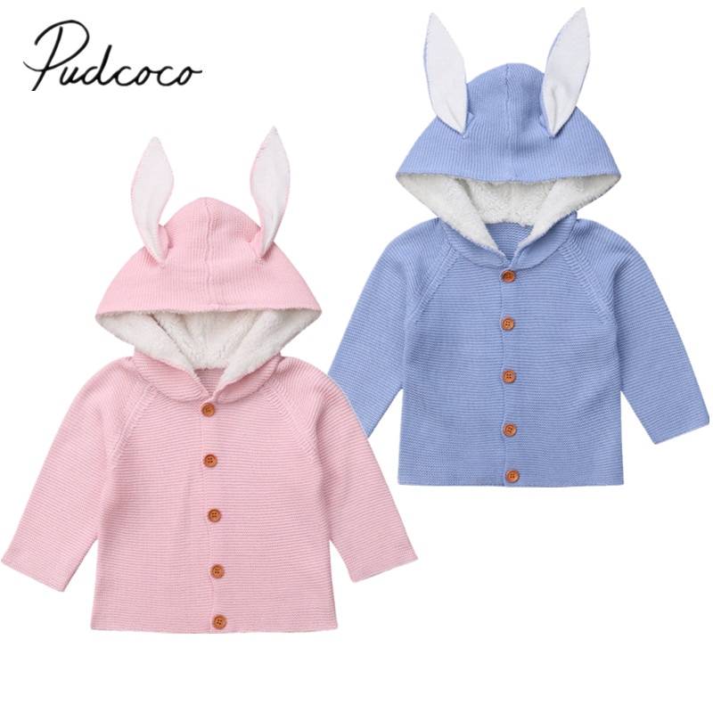 Brand Baby Meisje Jongen Winter Warm Jasje 3D Bunny Oren Capuchon Lange Mouwen Single Breasted Solid gebreide Jassen