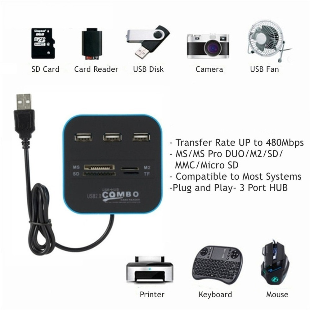 PzzPss 3 Ports USB2.0 Hub Combo USB Micro Card Reader SD/TF USB Splitter Hub Combo All In One For Laptop Computer Accessories