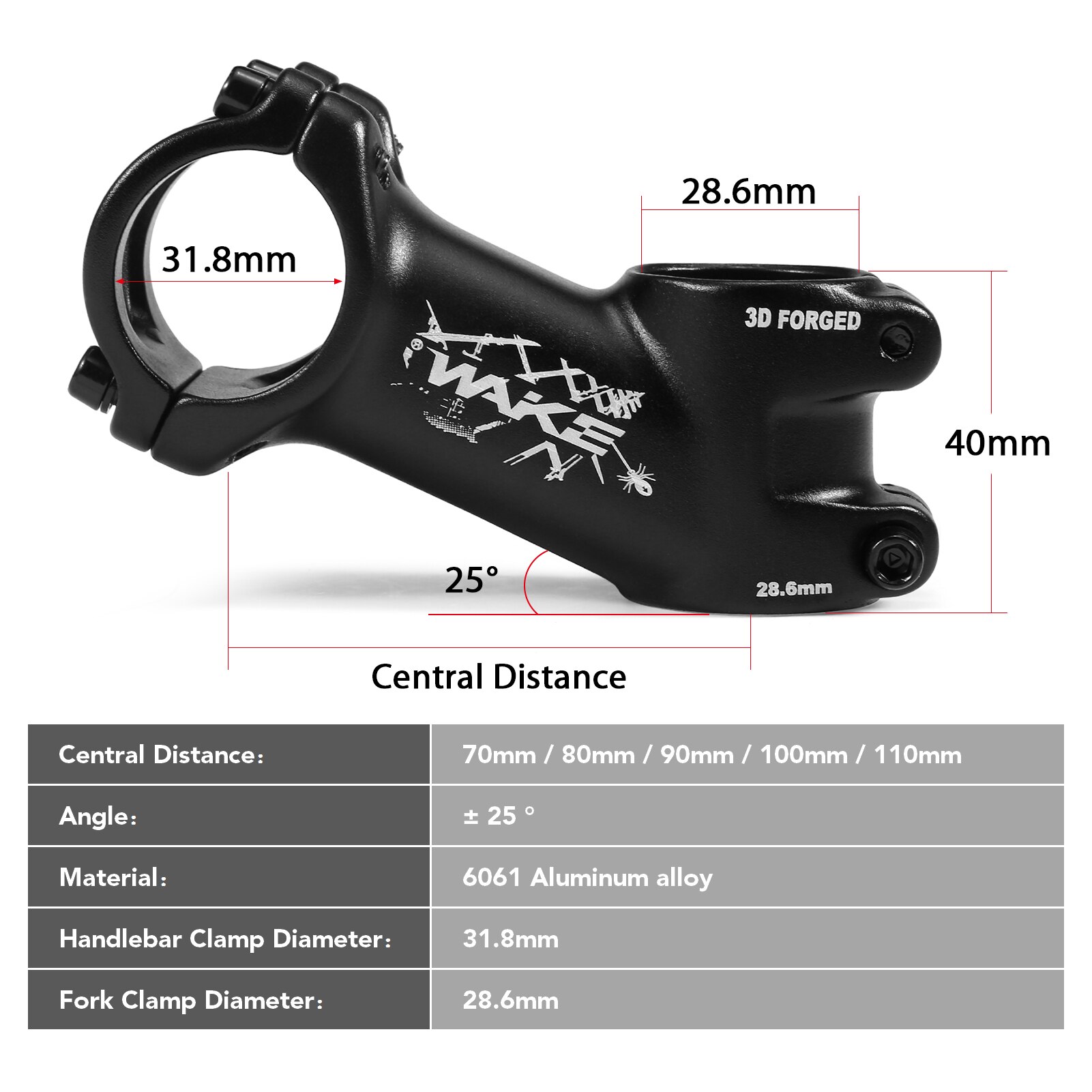 WAKE-vástago de bicicleta de montaña ultraligero, potencia de 25 grados, 31,8mm, 70/80/90/100/110mm, piezas de aluminio para bicicleta de carretera