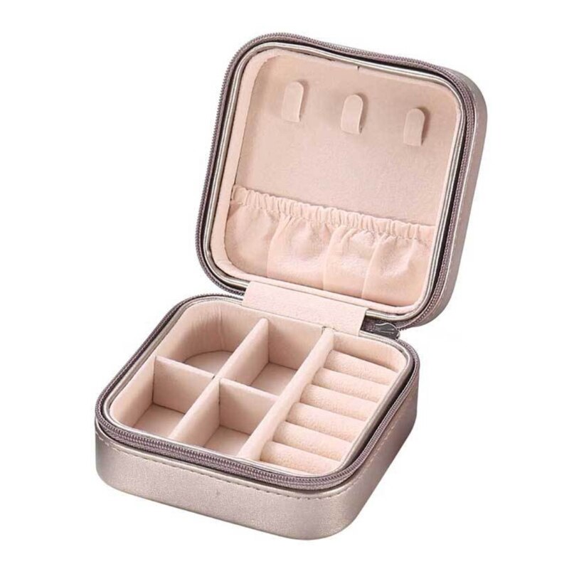 Protable Travel Leather Jewelry Box Organizer Display Earrings Ring Necklace Jewellery Zipper Storage Case Women Girls: Champagne Golden