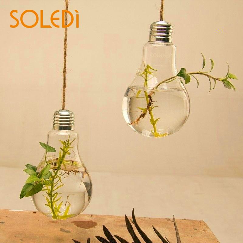 Clear Light Bulb Shape Glass Hanging Vase Bottle Terrarium Plant DIY Wedding Decor Hanging Flower Vase Garden Plant Pot Decor