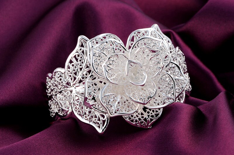 925 Sterling Zilver Fijne Grote Bloem Brede Bangle Armbanden Voor Vrouwen Verstelbare Sieraden Wedding Party