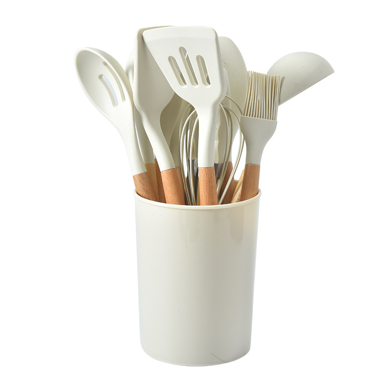 Ustensiles de cuisine en Silicone résistant aux hautes températures avec manche en bois, 12 jeux de pinces grattoir à crème Ladel, batteur à œufs: WHITE