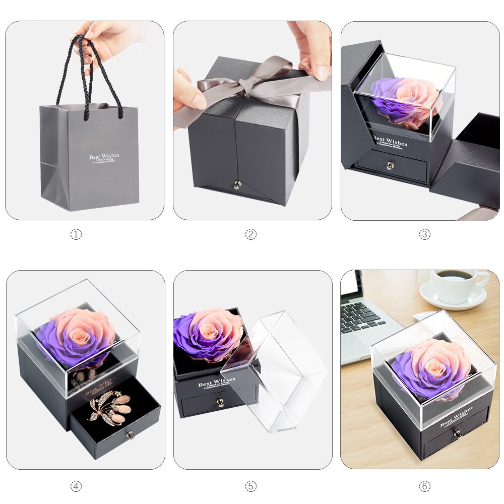 Caja de joyería de 6-9cm para mujer, Rosa eterna para de San Valentín, boda, Navidad, decoración del hogar, caja de embalaje de La Bella y La Bestia