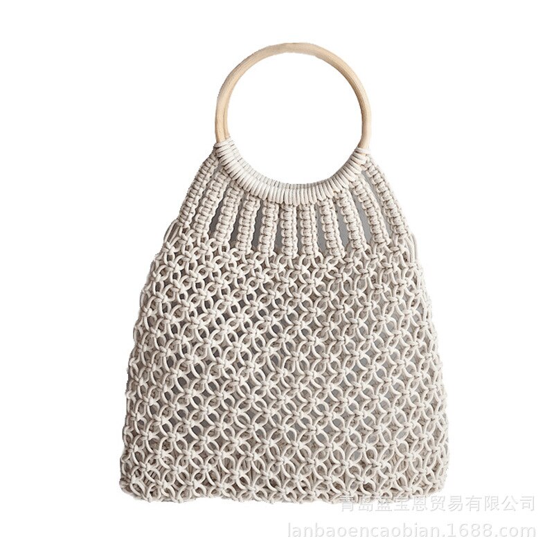 Stroh Woven Taschen Holzgriff Handtasche Hohle Strand Tasche Für Frauen Mesh Totes Lagerung Tote Tasche