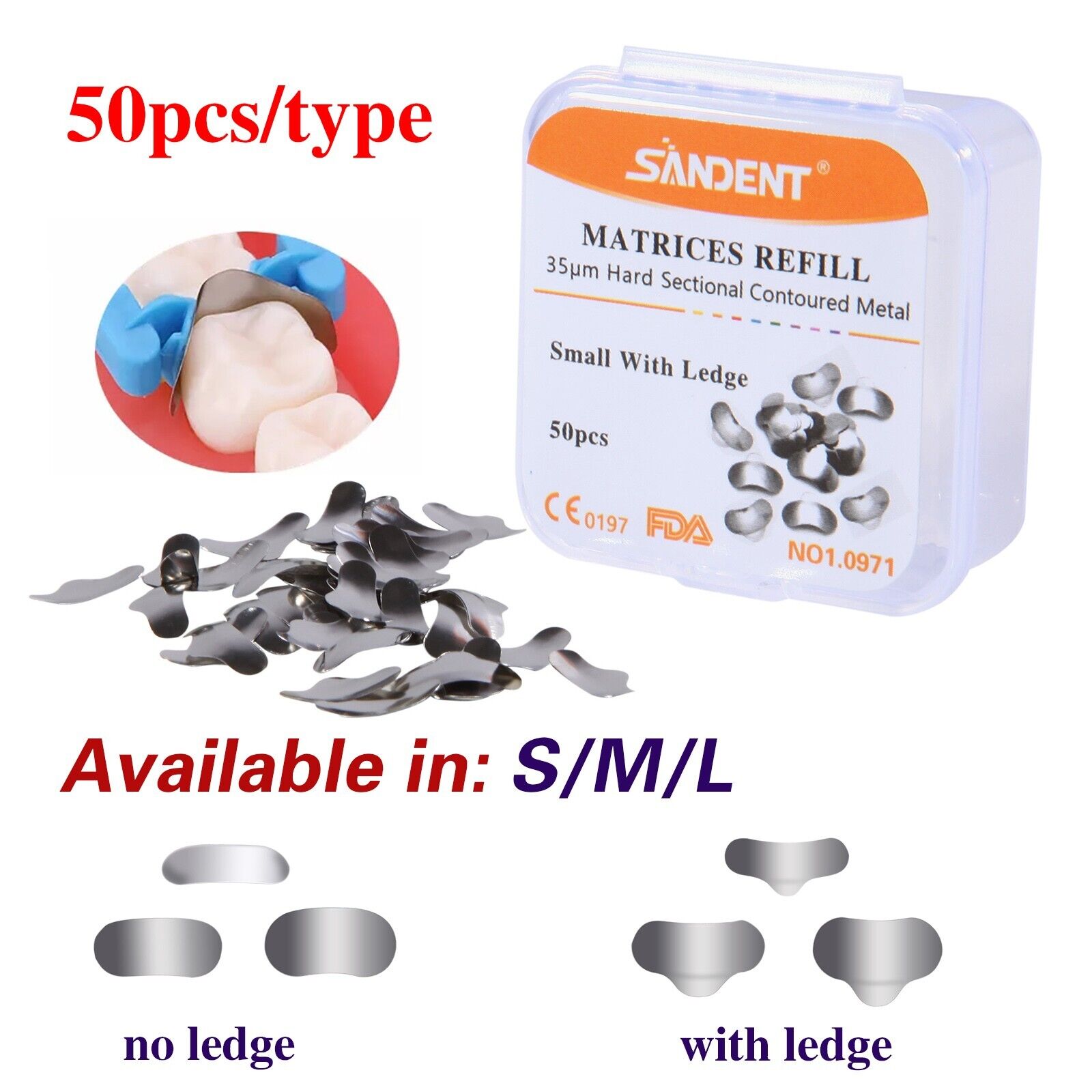 50PCS Dental Metal Matrices Matrix Band/With Ledge Sectional Contoured Refill Box S/M/L