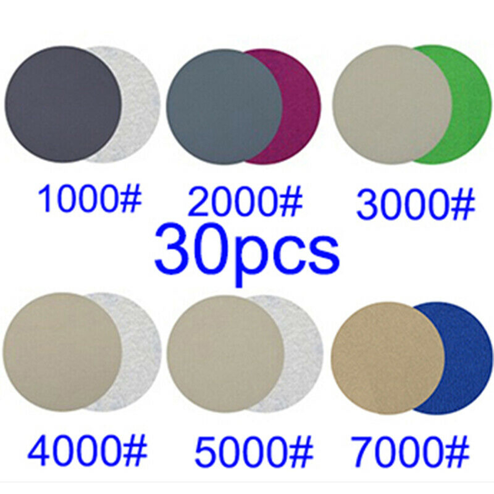 30 discos de lixa de carboneto de silício, à prova d'água, 1000/2000/3000/4000/5000/7000, lixa traseira, ferramenta de papel, areia de água