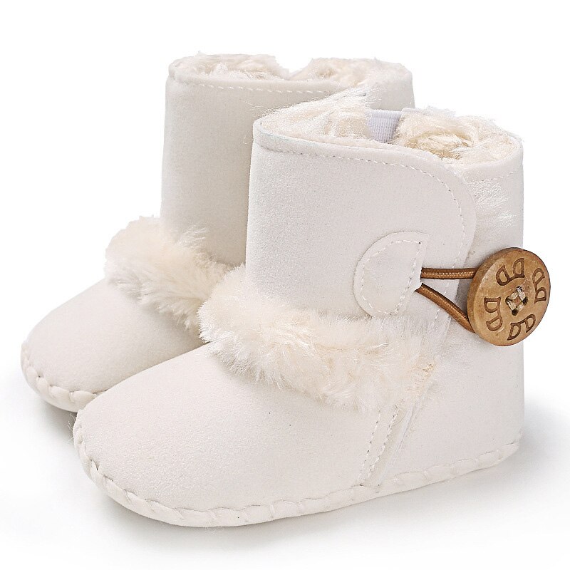 Inverno manter quente sapatos de neve botão do bebê pelúcia tornozelo bootie ao ar livre anti-deslizamento infantil criança botas de caminhada cor sólida moda: Bege / 13-18 meses