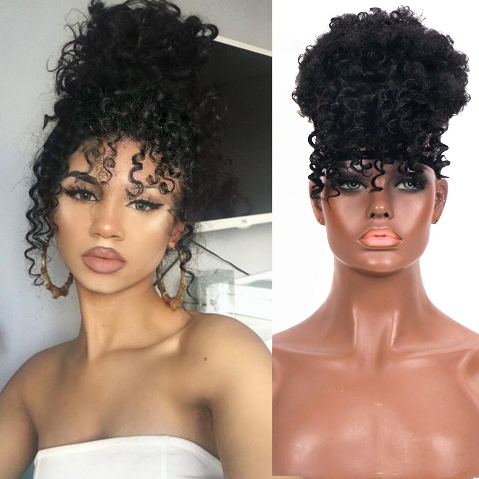 HOUYAN African chignon with bangs curly synthetic natural high temperature fluffy ponytail for women