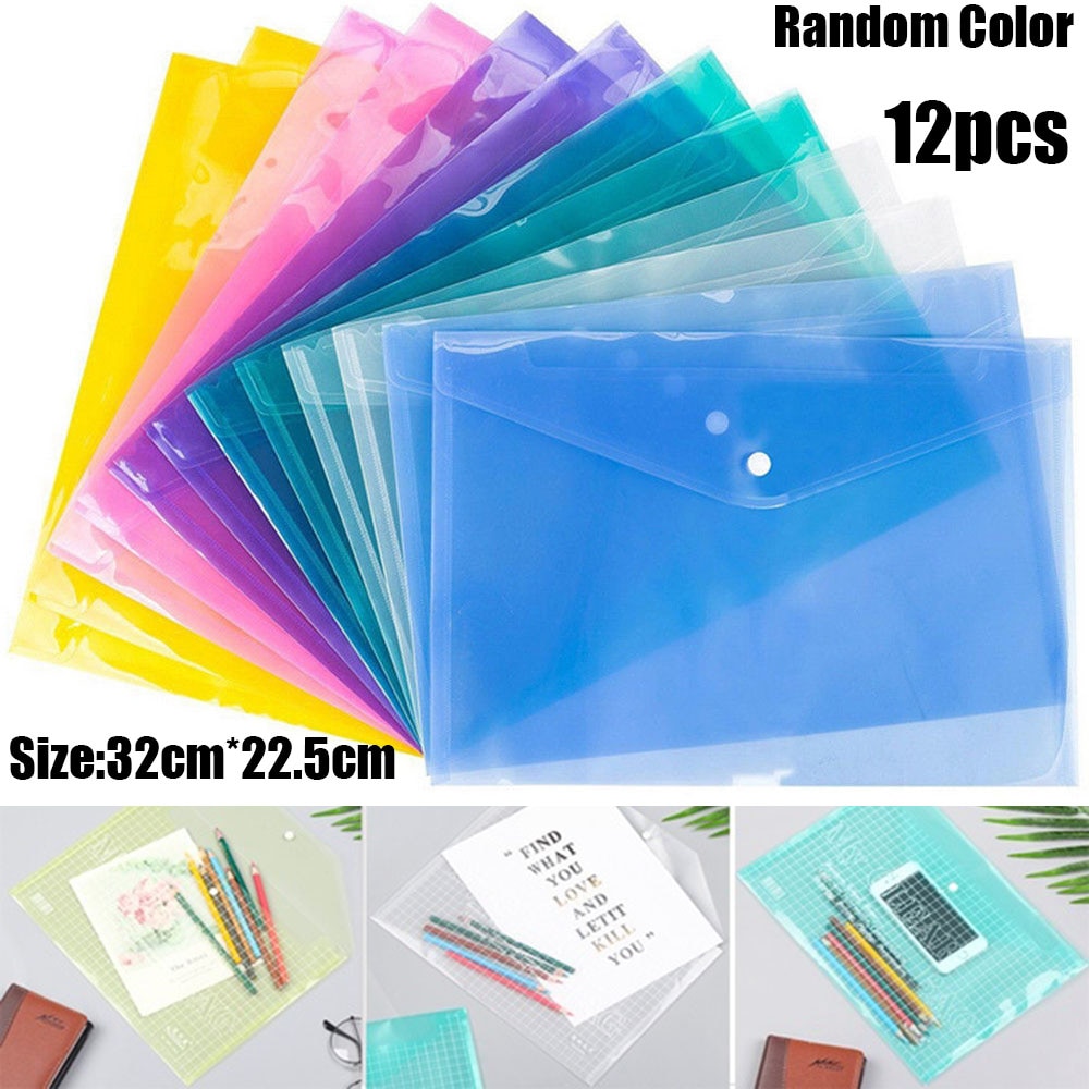 12PCS/Set A4 Clear Document Bag Paper File Folder Stationery School Office Case PP 6 Colors Filing Products