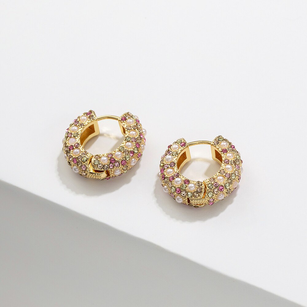 Pendientes de aro pequeños de Metal y cobre para mujer, Color dorado, círculo redondo de perlas de imitación, diamantes de imitación, Huggies, joyería de