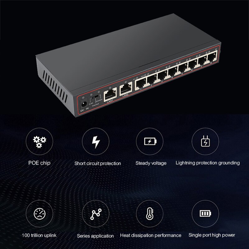 10 poort 48 V POE Switch Ethernet 10/100 Mbps Full/Half Duplex VLAN Netwerk Ethernet Switch 802.3 af/op voor IP POE CCTV Camera