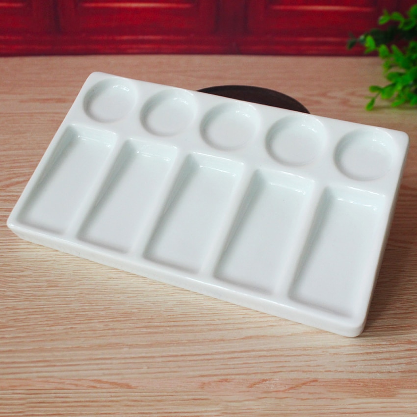 Paleta de pintura Rectangular de cerámica blanca para artistas, acuarela, pintura al óleo de acrílico, caligrafía, 10 pozos, 19,3*11*1,8 cm