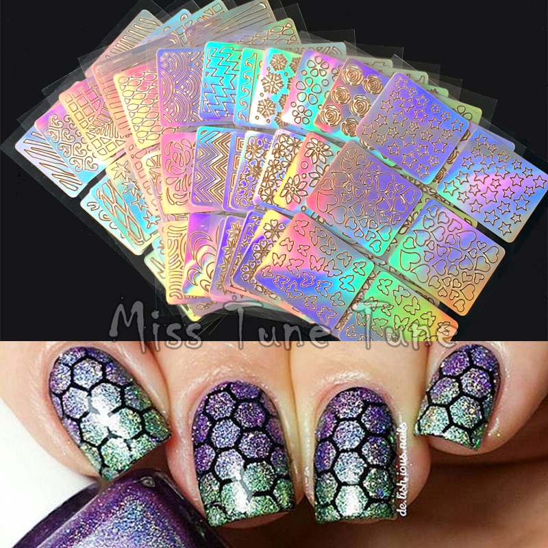 6/12/24 Uds plantillas para manicura pegatinas estampadas uso múltiple vinilos uñas puntas manicura pegatinas reutilizables Kit de juego de guía