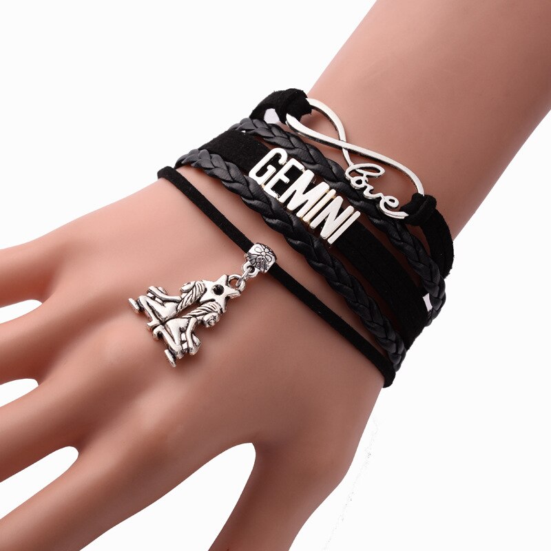 12 znak konstelacji zodiaku punk czarny guzik plecione skórzane bransoletki dla kobiet mężczyzn Leo Virgo Libra biżuteria знаки задиака: I