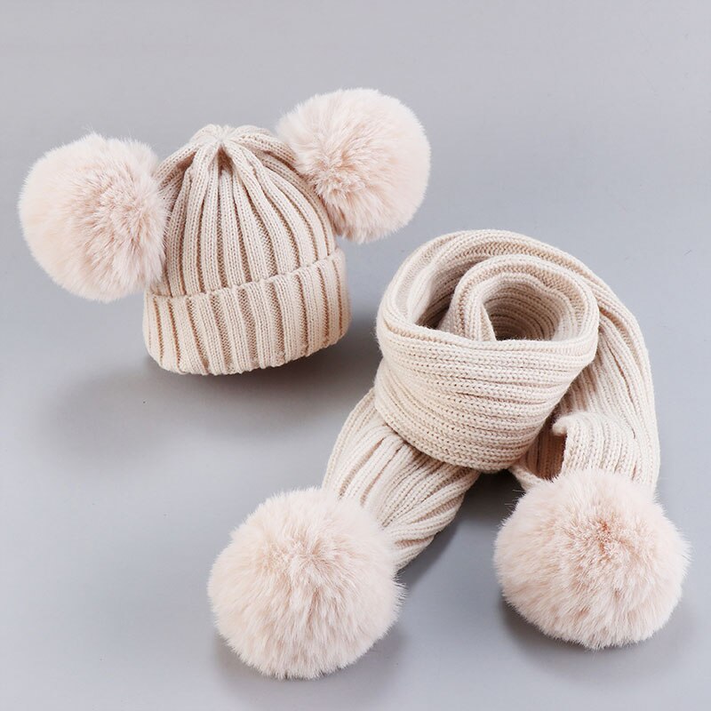 Explosie modellen Europa en Amerika baby gebreide muts winter warme muts sjaal set jongens en meisjes gebreide muts dubbele haar bal wol ha: 2-beige