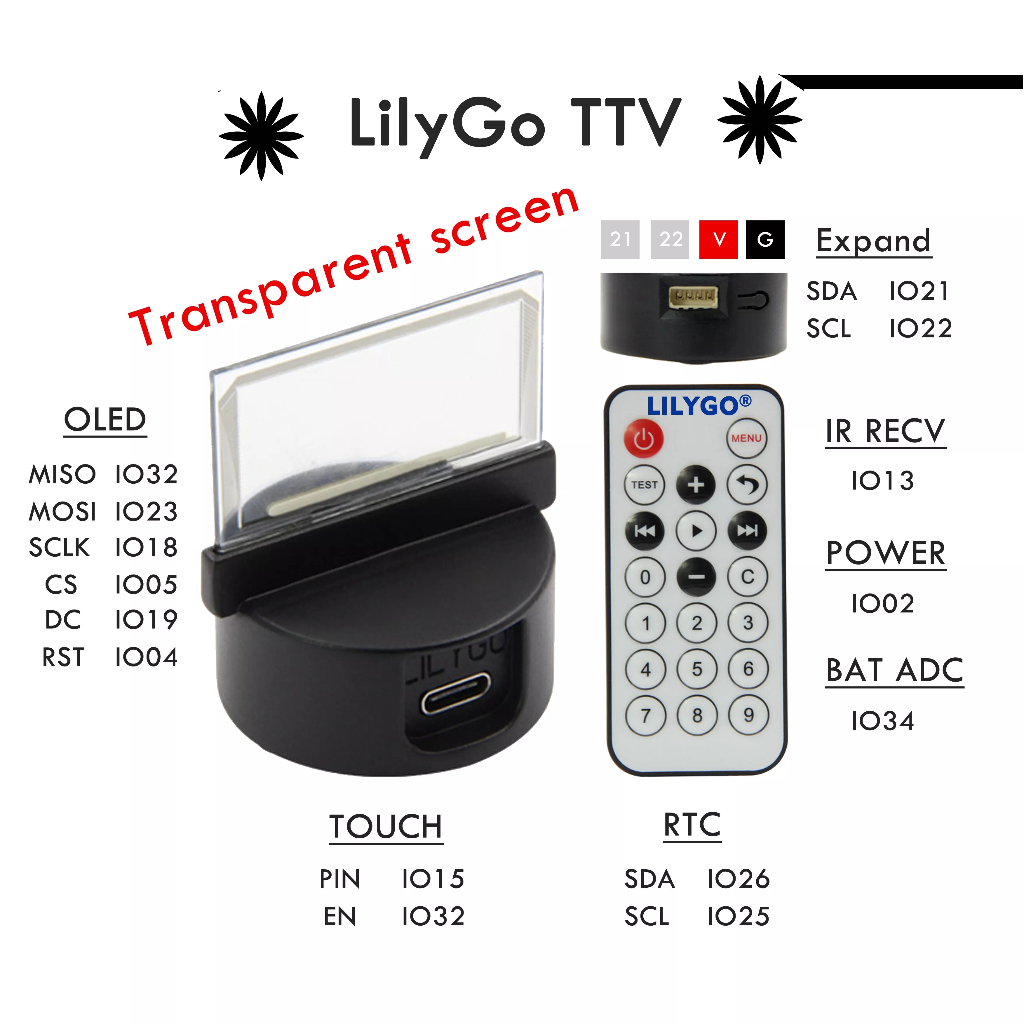 LILYGO TTV transparent screen OLED infrared remote control programmable mini TV ESP32 for Arduino micropython programming