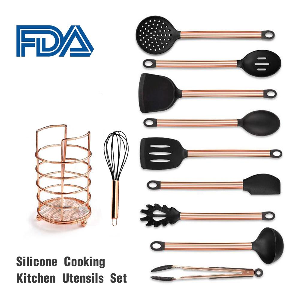 11Pcs Copper Plated Handvat Siliconen Keukengerei Anti-aanbak Koken Schop Lepel Keuken Tool Set Siliconen Koken Keukengerei: Default Title