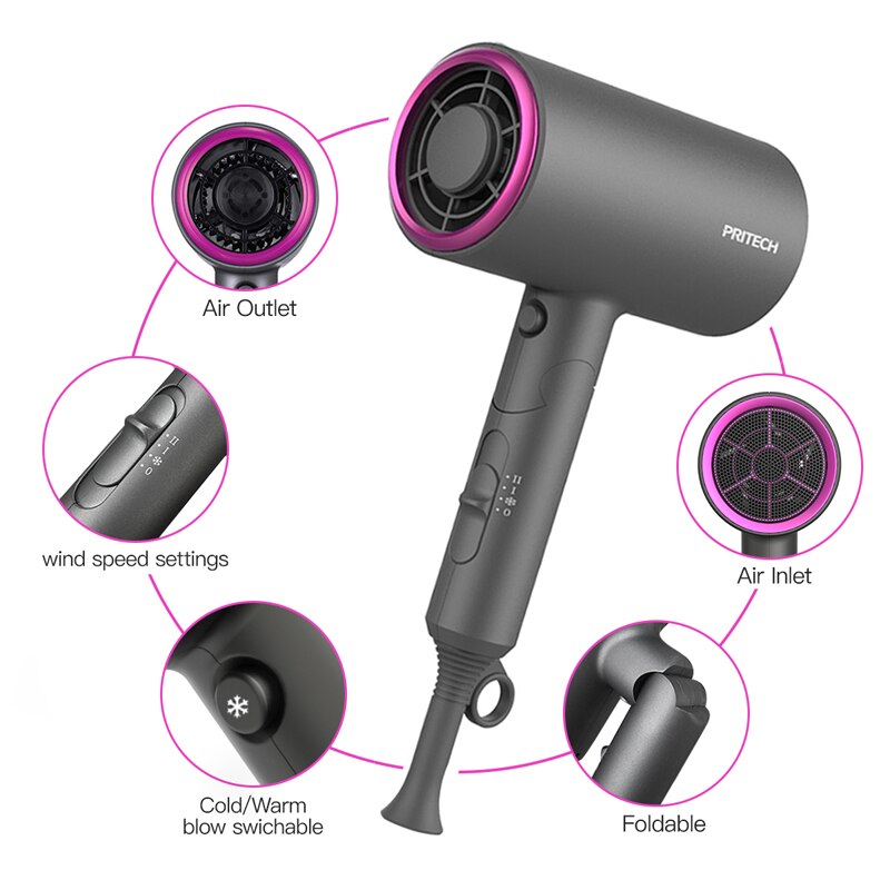 Pritech – sèche-cheveux pour Salon de coiffure 1400W 2 en 1, souffle ionique négatif, vent et froid, rapide