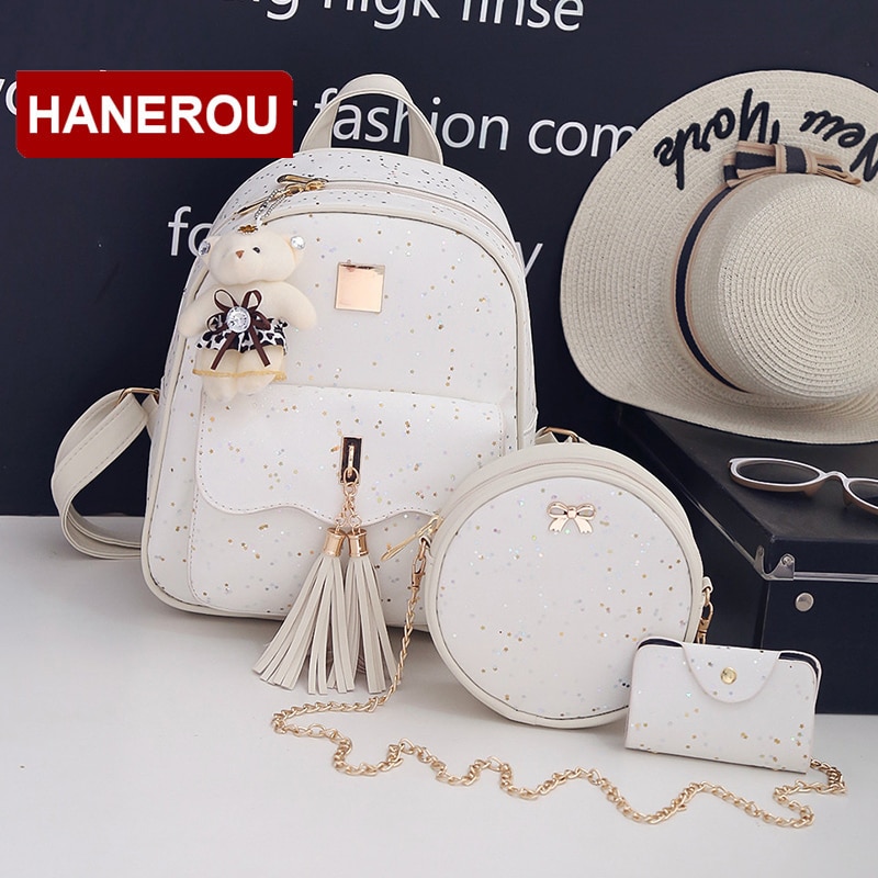 3Set/Pcs Tassel Women Backpack Star Sequins PU Leather Backpacks For Teenage Girls School Bag Chain Shoulder Bag