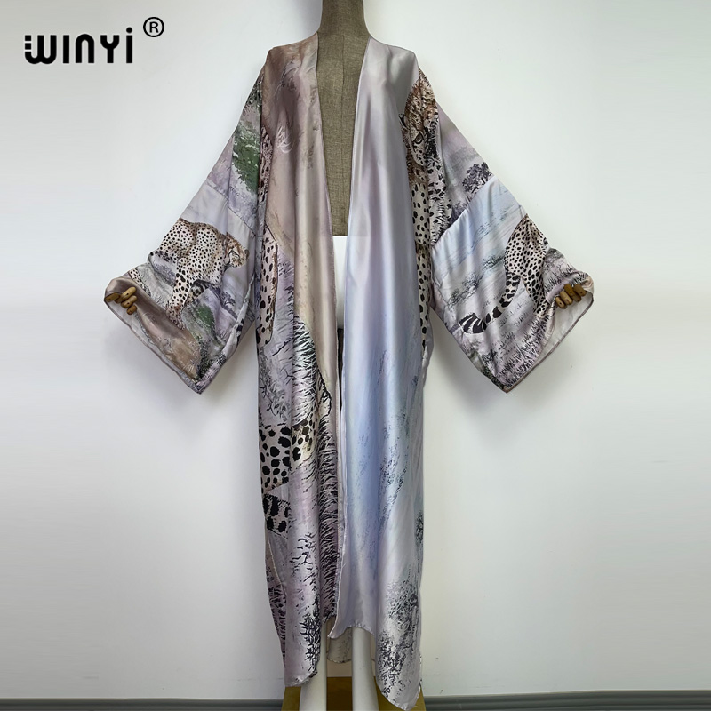 Winyi Herfst Tiger Printing Beach Wear Swim Pak Elegante Afrika Vrouwen Boho Vest Sexy Lange Mouw Kimono Jurk: Default Title