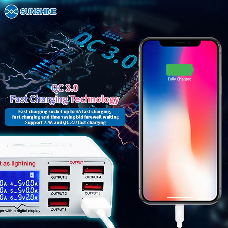 SONNENSCHEIN SS 304Q 6 Hafen LCD USB Ladegerät 2,4 EINE Schnelle Ladung Unterstützung Intelligenz QC 3,0 Kompatibilität IPAD iPhone HUAWEI XIAOMI
