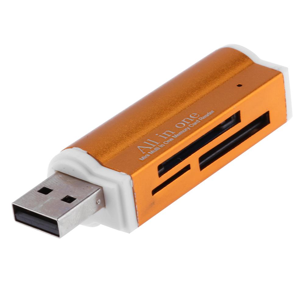 1Pcs USB2.0 4 In 1 Aluminium Multi Memory Card Reader Voor Sd/Sdhc/Mini Sd/mmc/Tf Card Multifunctionele Geheugenkaartlezer: Gold