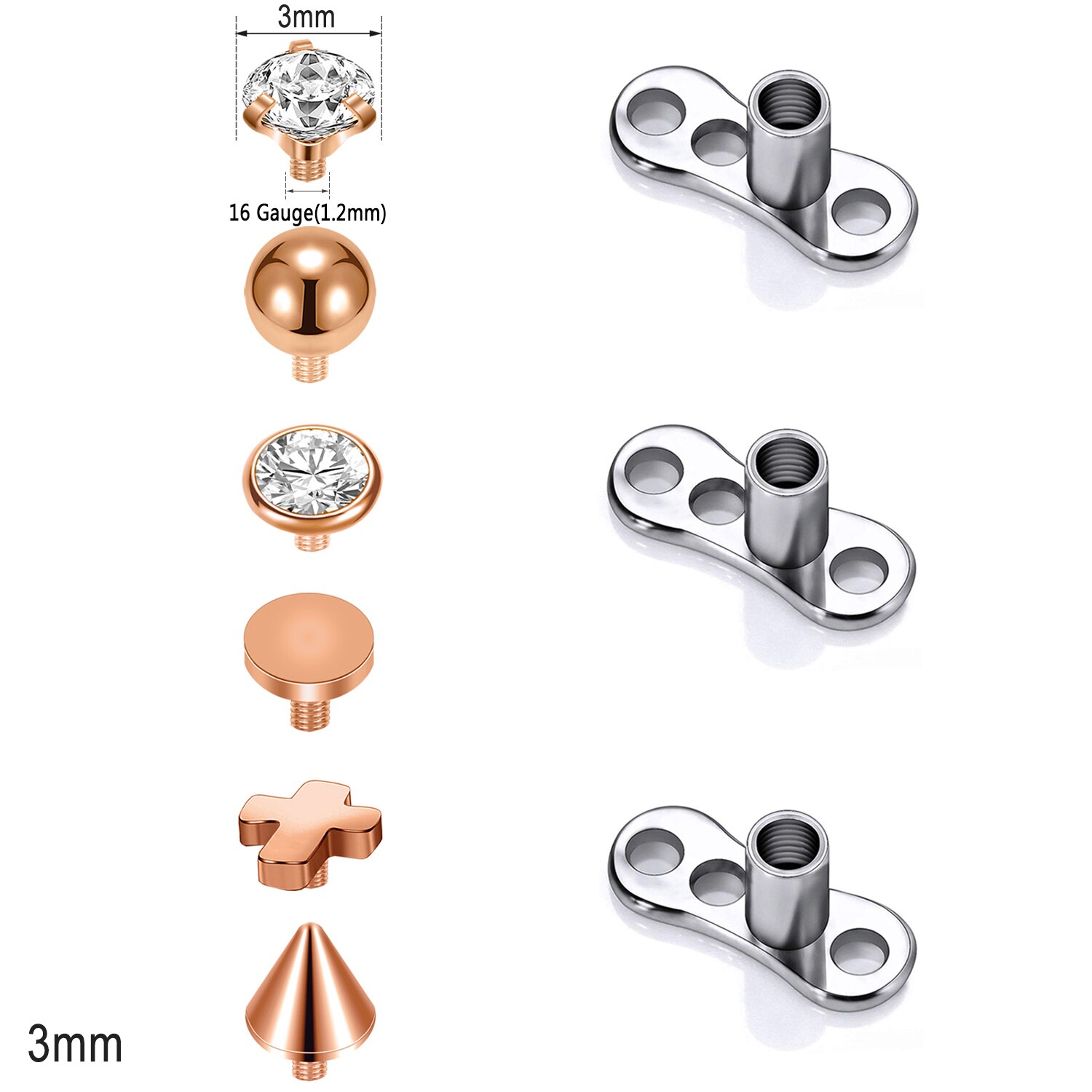 ZS 1 Set 2.5/3/4MM CZ Crystal Micro Dermal Piercing Men Women Stainless Steel Dermal Anchor Surface Piercings Opal Skin Diver: Black Gun Plated