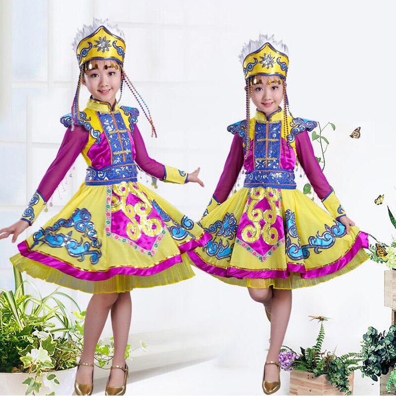 Vestido de Mongolia amarillo para niños para el escenario de los trajes nacionales chinos niñas Hmong Ropa de baile niños traje de danza tradicional
