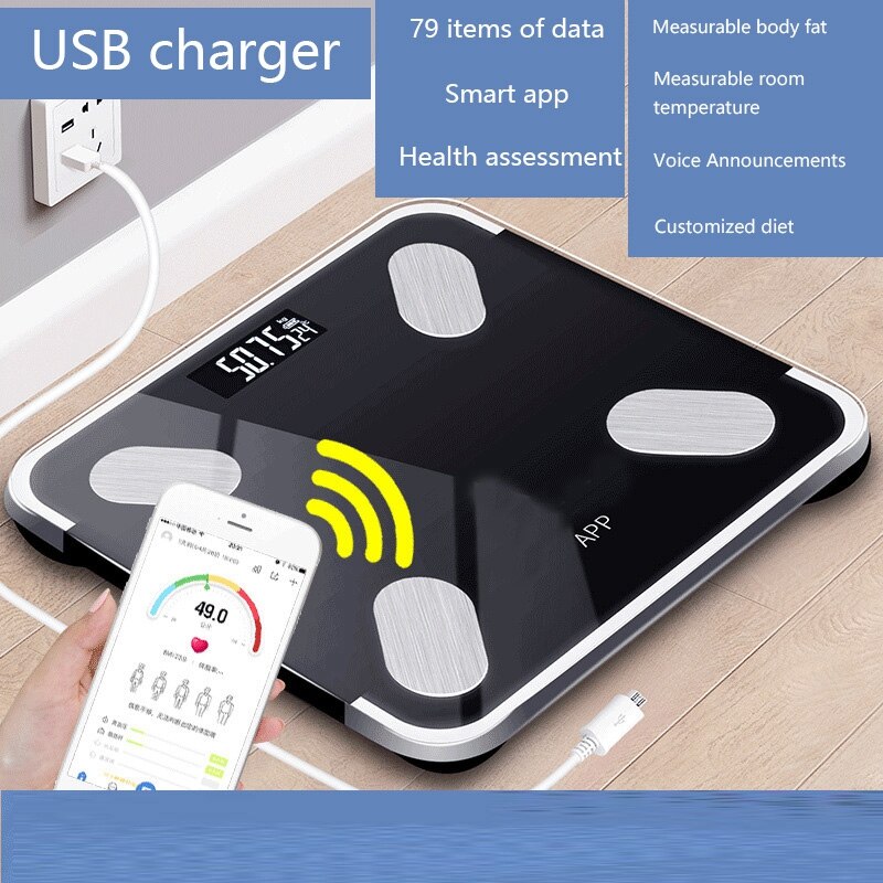 Black Rechargeable Bluetooth APP Android IOS Smart Human Body Electronic Scale Grease Meter Measure Room Temperature Setting Die