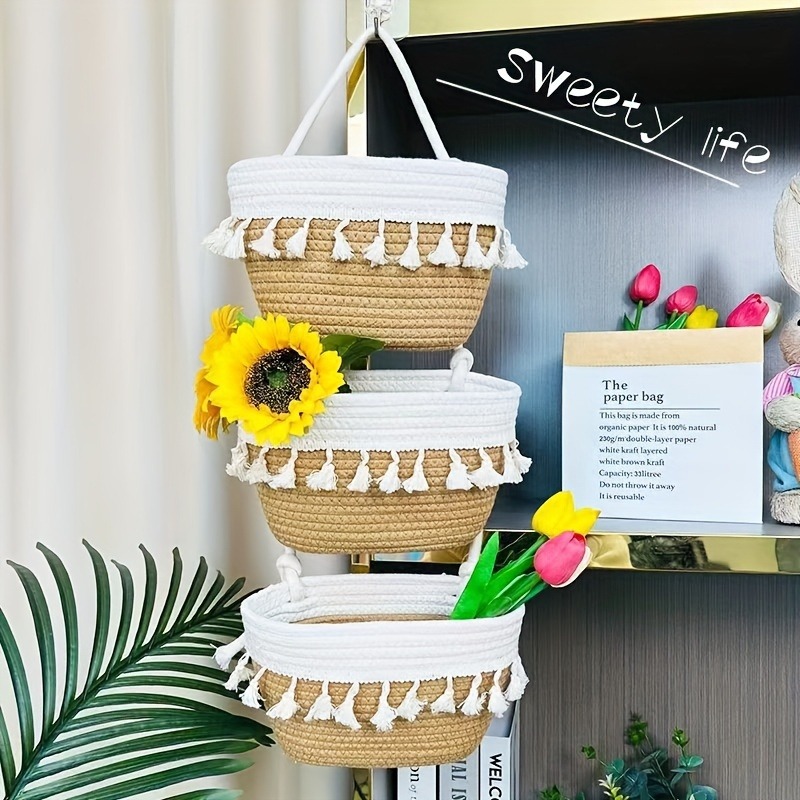 1pcs Handwoven 3-Tier Double Tassel Hanging Basket Wall-Mounted Storage Organizer Woven Basket for Bathroom Kitchen Bedroom